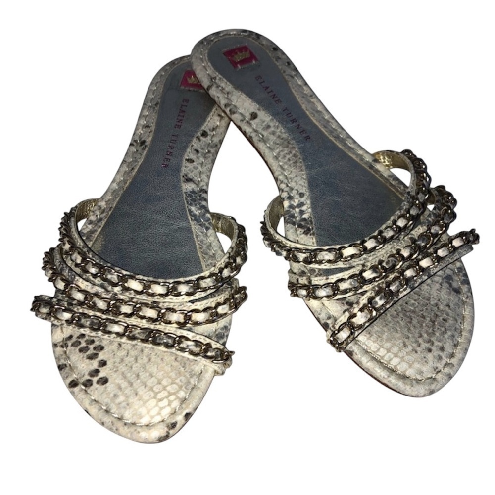 Elaine Turner Shoes Snakeskin Slip On Slide Metal Chain Sandals 7